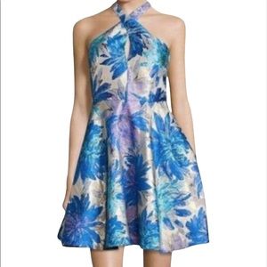 Belle Badgley Mischka Jacquard Dress Sz 2 Sleeveless Halter neck Above Knee